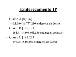 Endereçamento IP
• Classe A [0,126]
  – 0.1.0.0 (16.777.216 endereços de hosts)
• Classe B [128,191]
  – 164.41.14.0.0 (65.536 endereços de hosts)
• Classe C [192,223]
  – 196.25.15.0 (256 endereços de hosts)
 