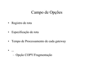 Campo de Opções

• Registro de rota

• Especificação de rota

• Tempo de Processamento de cada gateway

• ...
    – Opção COPY/Fragmentação
 