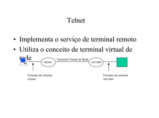 Telnet

• Implementa o serviço de terminal remoto
• Utiliza o conceito de terminal virtual de
  rede     cliente
                   Terminal Virtual de Rede
                                            servidor



      Formato do sistema              Formato do sistema
      cliente                         servidor
 