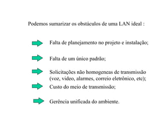 Podemos sumarizar os obstáculos de uma LAN ideal :


         Falta de planejamento no projeto e instalação;

         Falta de um único padrão;

         Solicitações não homogeneas de transmissão
         (voz, video, alarmes, correio eletrônico, etc);
         Custo do meio de transmissão;

         Gerência unificada do ambiente.
 