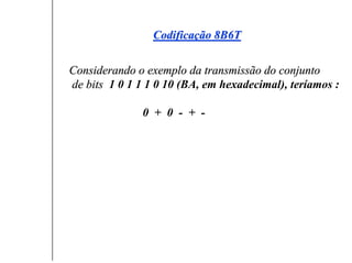 Codificação 8B6T


Considerando o exemplo da transmissão do conjunto
de bits 1 0 1 1 1 0 10 (BA, em hexadecimal), teríamos :

              0 + 0 - + -
 