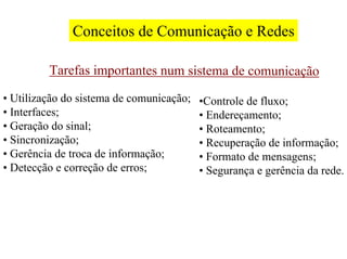 Conceitos de Comunicação e Redes

         Tarefas importantes num sistema de comunicação

• Utilização do sistema de comunicação;   •Controle de fluxo;
• Interfaces;                             • Endereçamento;
• Geração do sinal;                       • Roteamento;
• Sincronização;                          • Recuperação de informação;
• Gerência de troca de informação;        • Formato de mensagens;
• Detecção e correção de erros;           • Segurança e gerência da rede.
 