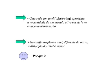 • Uma rede em anel (token-ring) apresenta
a necessidade de um módulo ativo em série no
enlace de transmissão.



• Na configuração em anel, diferente da barra,
a distorção do sinal é menor.


    Por que ?
 