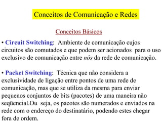 Conceitos de Comunicação e Redes

                    Conceitos Básicos
• Circuit Switching: Ambiente de comunicação cujos
circuitos são comutados e que podem ser acionados para o uso
exclusivo de comunicação entre nós da rede de comunicação.

• Packet Switching: Técnica que não considera a
exclusividade de ligação entre pontos de uma rede de
comunicação, mas que se utiliza da mesma para enviar
pequenos conjuntos de bits (pacotes) de uma maneira não
seqüencial.Ou seja, os pacotes são numerados e enviados na
rede com o endereço do destinatário, podendo estes chegar
fora de ordem.
 