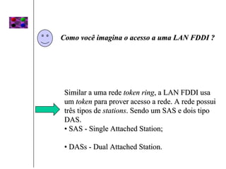 Como você imagina o acesso a uma LAN FDDI ?




 Similar a uma rede token ring, a LAN FDDI usa
 um token para prover acesso a rede. A rede possui
 três tipos de stations. Sendo um SAS e dois tipo
 DAS.
 • SAS - Single Attached Station;

 • DASs - Dual Attached Station.
 