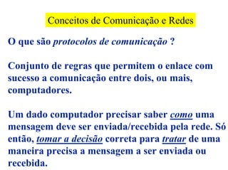 Conceitos de Comunicação e Redes

O que são protocolos de comunicação ?

Conjunto de regras que permitem o enlace com
sucesso a comunicação entre dois, ou mais,
computadores.

Um dado computador precisar saber como uma
mensagem deve ser enviada/recebida pela rede. Só
então, tomar a decisão correta para tratar de uma
maneira precisa a mensagem a ser enviada ou
recebida.
 