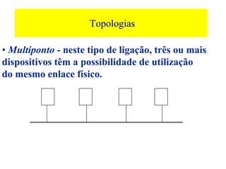 Topologias

• Multiponto - neste tipo de ligação, três ou mais
dispositivos têm a possibilidade de utilização
do mesmo enlace físico.
 