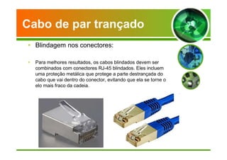 Cabo de par trançado 
• Blindagem nos conectores: 
• Para melhores resultados, os cabos blindados devem ser 
combinados com conectores RJ-45 blindados. Eles incluem 
uma proteção metálica que protege a parte destrançada do 
cabo que vai dentro do conector, evitando que ela se torne o 
elo mais fraco da cadeia. 
 