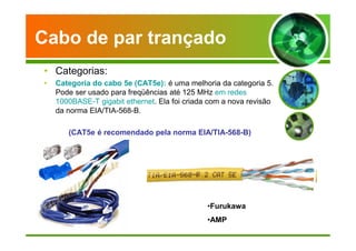 Cabo de par trançado 
• Categorias: 
• Categoria do cabo 5e (CAT5e): é uma melhoria da categoria 5. 
Pode ser usado para freqüências até 125 MHz em redes 
1000BASE-T gigabit ethernet. Ela foi criada com a nova revisão 
da norma EIA/TIA-568-B. 
(CAT5e é recomendado pela norma EIA/TIA-568-B) 
•Furukawa 
•AMP 
 