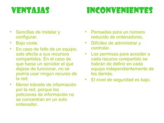 VENTAJAS INCONVENIENTES
• Sencillas de instalar y
configurar.
• Bajo coste.
• En caso de fallo de un equipo,
solo afecta a sus recursos
compartidos. En el caso de
que fuese un servidor el que
dejase de funcionar, no se
podría usar ningún recurso de
la red.
• Menor tránsito de información
por la red, porque las
peticiones de información no
se concentran en un solo
ordenador.
• Pensadas para un número
reducido de ordenadores.
• Difíciles de administrar y
controlar.
• Los permisos para acceder a
cada recurso compartido se
habrán de definir en cada
equipo independientemente de
los demás.
• El nivel de seguridad es bajo.
 