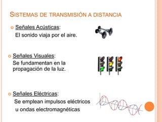 SISTEMAS DE TRANSMISIÓN A DISTANCIA 
 Señales Acústicas: 
El sonido viaja por el aire. 
 Señales Visuales: 
Se fundamentan en la 
propagación de la luz. 
 Señales Eléctricas: 
Se emplean impulsos eléctricos 
u ondas electromagnéticas 
 