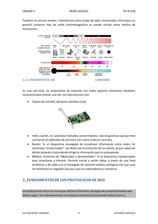 UNIDAD 3 REDES LOCALES TIC 4º ESO
IES VALENTIN TURIENZO 4 GIOVAVA YIXIN QIU
También se utilizan medios inalámbricos como ondas de radio, microondas, infrarrojos, en
general cualquier tipo de señal electromagnética se puede utilizar como medios de
transmisión.
1.1.3 DISPOSITIVOS DE CONEXIÓN
En una red local, los dispositivos de conexión son todos aquellos elementos hardware
necesarios para montar una red. Los más comunes son:
 Tarjeta de red (NIC, Network interface Card)
 HUB y switch, en castellano llamados concentradores .Son dispositivos que permite
centralizar el cableador de una red y unir varias redes en una sola.
 Router. Es el dispositivo encargado de encaminar información entre redes. En
castellano “encaminador”. Los Roter son la evolución de los switch, ya que saben de
dónde procede y hacia donde dirige la información que le corresponde.
 Módem. Acrónimo de “Modulador y Demodulador”. Es el dispositivo indispensable
para conectarse a internet. Permite enviar y recibir datos a través de una línea
telefónica o de cable y es el encargado de convertir señales analógicas (las que usan
los teléfonos) en digitales (las que usan los ordenadores) y viceversa.
2._FUNDAMENTOS DE LOS PROTOCOLOS DE RED
Un protocolode red esla normaque define el formatoylasreglasde comportamientosque
deben seguir losordenadoresde unaredpara comunicarse (transmitirdatos) entre sí.
 