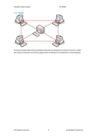 Unidad3 redeslocales TIC 4ESO
IES Valentín turienzo 9 AarónMuñiz Gutiérrez
3.5.- Malla
En estared cada modoestá conectadoal restode losequiposde laredcon más de un cable
por loque se trata de una red muyseguraante un falloperolainstalaciónes máscompleja.
 