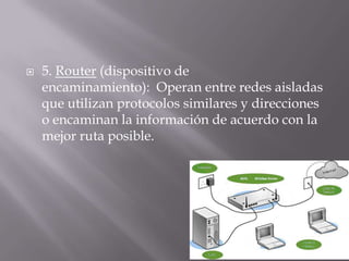  5. Router (dispositivo de
encaminamiento): Operan entre redes aisladas
que utilizan protocolos similares y direcciones
o encaminan la información de acuerdo con la
mejor ruta posible.
 