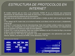 ESTRUCTURA DE PROTOCOLOS EN 
INTERNET 
El modelo Internet gira en torno a los protocolos TCP/IP. IP es un protocolo que proporciona 
mecanismos de interconexión entre redes de área local y TCP proporciona mecanismos de control de 
flujo y errores entre los extremos de la comunicación. 
El modelo de la red Internet consta sólo de cuatro partes o niveles; es decir, todo lo que hay por debajo 
del 
1) Por debajo de IP. A este nivel, en el entorno Internet, se le llama nivel de red local o, simplemente, 
nivel de red. 
2) Nivel IP o nivel Internet (nivel de Internetworking). Este nivel confiere unidad a todos los miembros 
de la red y, por consiguiente, es el que permite que todos se puedan interconectar, con independencia 
de si se conectan a la misma por medio de línea telefónica, 
3) Nivel TCP o nivel de transporte. Este nivel confiere fiabilidad a la red. El control de flujo y de errores 
se lleva a cabo principalmente dentro de este nivel 
4) Por encima de TCP. Nivel de aplicación: Este nivel corresponde a las aplicaciones que utilizan 
Internet: clientes y servidores de WWW, correo electrónico, FTP, etc. 
Protocolos de Internet Encapsulamiento 
 