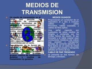 MEDIOS DE
                 TRANSMISION
   Un medio de transmisión es el                  MEDIOS GUIADOS
    canal     que     permite       la      Proporcionan un conductor de un
    transmisión de información               dispositivo al y otro e incluyen
    entre dos terminales de un               cables           de          pares
    sistema de transmisión. La               trenzados, cables coaxiales, y
    transmisión       se      realiza        cables de fibra óptica.
    habitualmente        empleando          Una      señal    viajando     por
    ondas electromagnéticas que              cualquiera de estos medios es
    se propagan a través del canal.          dirigida y contenida por los
    A veces el canal es un medio             límites físicos del medio. El par
    físico y otras veces no, ya que          trenzado y el cable coaxial usan
    las ondas electromagnéticas              conductores metálicos (de cobre)
    son     susceptibles   de    ser         que aceptan y transportan
    transmitidas por el vacío.               señales de corriente eléctrica. La
   Dependiendo de la forma de               fibra óptica es un cable de cristal
    conducir la señal a través del           o plástico que acepta y transporta
    medio,      los   medios       de        señales en forma de luz.
    transmisión      se      pueden          CABLE DE PAR TRENZADO
    clasificar en dos grandes
    grupos: medios de transmisión           se presenta en dos formas: sin
    guiados       y   medios       de        blindaje y blindado.
    transmisión no guiados.
 