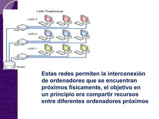 Estas redes permiten la interconexión
de ordenadores que se encuentran
próximos físicamente, el objetivo en
un principio era compartir recursos
entre diferentes ordenadores próximos
 