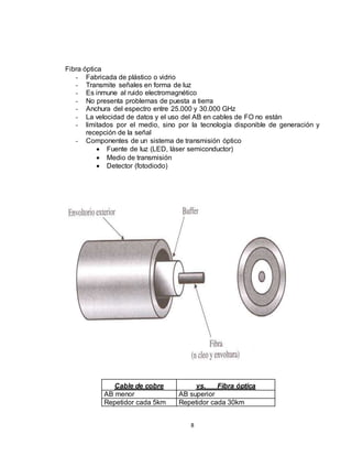 8
Fibra óptica
- Fabricada de plástico o vidrio
- Transmite señales en forma de luz
- Es inmune al ruido electromagnético
- No presenta problemas de puesta a tierra
- Anchura del espectro entre 25.000 y 30.000 GHz
- La velocidad de datos y el uso del AB en cables de FO no están
- limitados por el medio, sino por la tecnología disponible de generación y
recepción de la señal
- Componentes de un sistema de transmisión óptico
 Fuente de luz (LED, láser semiconductor)
 Medio de transmisión
 Detector (fotodiodo)
Cable de cobre vs. Fibra óptica
AB menor AB superior
Repetidor cada 5km Repetidor cada 30km
 