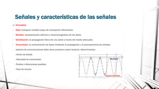 Señales y características de las señales 
 Conceptos 
• Dato: Cualquier entidad capaz de transportar información. 
• Señales: representación eléctrica o electromagnética de los datos 
• Señalización: la propagación física de una señal a través del medio adecuado. 
• Transmisión: la comunicación de datos mediante la propagación y el procesamiento de señales. 
- sistema de comunicaciones debe tener presente cuatro factores determinantes: 
- Ancho de banda 
- Velocidad de transmisión 
- Ruidos o distorsiones posibles 
- Tasa de errores 
 