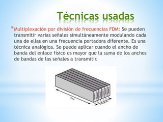 Técnicas usadas
*Multiplexación por división de frecuencias FDM: Se pueden
transmitir varias señales simultáneamente modulando cada
una de ellas en una frecuencia portadora diferente. Es una
técnica analógica. Se puede aplicar cuando el ancho de
banda del enlace físico es mayor que la suma de los anchos
de bandas de las señales a transmitir.
 
