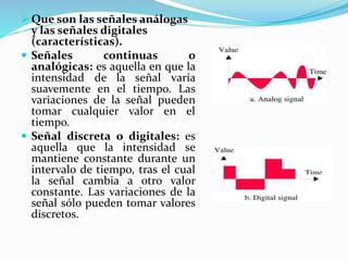  Que son las señales análogas
y las señales digitales
(características).
 Señales continuas o
analógicas: es aquella en que la
intensidad de la señal varía
suavemente en el tiempo. Las
variaciones de la señal pueden
tomar cualquier valor en el
tiempo.
 Señal discreta o digitales: es
aquella que la intensidad se
mantiene constante durante un
intervalo de tiempo, tras el cual
la señal cambia a otro valor
constante. Las variaciones de la
señal sólo pueden tomar valores
discretos.
 