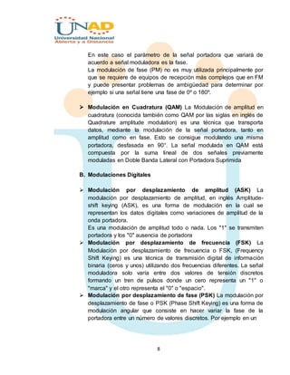 8
En este caso el parámetro de la señal portadora que variará de
acuerdo a señal moduladora es la fase.
La modulación de fase (PM) no es muy utilizada principalmente por
que se requiere de equipos de recepción más complejos que en FM
y puede presentar problemas de ambigüedad para determinar por
ejemplo si una señal tiene una fase de 0º o 180º.
 Modulación en Cuadratura (QAM) La Modulación de amplitud en
cuadratura (conocida también como QAM por las siglas en inglés de
Quadrature amplitude modulation) es una técnica que transporta
datos, mediante la modulación de la señal portadora, tanto en
amplitud como en fase. Esto se consigue modulando una misma
portadora, desfasada en 90°. La señal modulada en QAM está
compuesta por la suma lineal de dos señales previamente
moduladas en Doble Banda Lateral con Portadora Suprimida
B. Modulaciones Digitales
 Modulación por desplazamiento de amplitud (ASK) La
modulación por desplazamiento de amplitud, en inglés Amplitude-
shift keying (ASK), es una forma de modulación en la cual se
representan los datos digitales como variaciones de amplitud de la
onda portadora.
Es una modulación de amplitud todo o nada. Los "1" se transmiten
portadora y los "0" ausencia de portadora
 Modulación por desplazamiento de frecuencia (FSK) La
Modulación por desplazamiento de frecuencia o FSK, (Frequency
Shift Keying) es una técnica de transmisión digital de información
binaria (ceros y unos) utilizando dos frecuencias diferentes. La señal
moduladora solo varía entre dos valores de tensión discretos
formando un tren de pulsos donde un cero representa un "1" o
"marca" y el otro representa el "0" o "espacio".
 Modulación por desplazamiento de fase (PSK) La modulación por
desplazamiento de fase o PSK (Phase Shift Keying) es una forma de
modulación angular que consiste en hacer variar la fase de la
portadora entre un número de valores discretos. Por ejemplo en un
 
