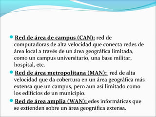 Red de área de campus (CAN): red de
computadoras de alta velocidad que conecta redes de
área local a través de un área geográfica limitada,
como un campus universitario, una base militar,
hospital, etc.
Red de área metropolitana (MAN): red de alta
velocidad que da cobertura en un área geográfica más
extensa que un campus, pero aun así limitado como
los edificios de un municipio.
Red de área amplia (WAN): edes informáticas que
se extienden sobre un área geográfica extensa.
 