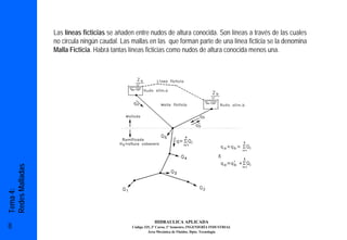 Las líneas ficticias se añaden entre nudos de altura conocida. Son líneas a través de las cuales
                 no circula ningún caudal. Las mallas en las que forman parte de una línea ficticia se la denomina
                 Malla Ficticia. Habrá tantas líneas ficticias como nudos de altura conocida menos una.
Redes Malladas
Tema 4:




                                                           HIDRAULICA APLICADA
8                                              Código 325, 3º Curso, 1º Semestre, INGENIERÍA INDUSTRIAL
                                                        Área Mecánica de Fluidos. Dpto. Tecnología
 