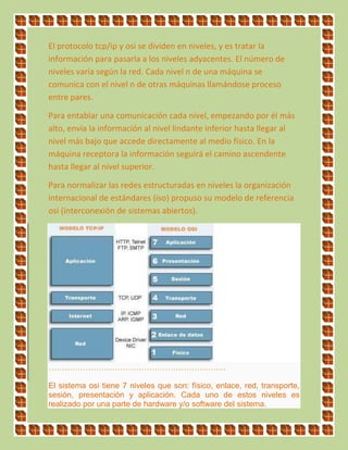 El protocolo tcp/ip y osi se dividen en niveles, y es tratar la
información para pasarla a los niveles adyacentes. El número de
niveles varía según la red. Cada nivel n de una máquina se
comunica con el nivel n de otras máquinas llamándose proceso
entre pares.
Para entablar una comunicación cada nivel, empezando por él más
alto, envía la información al nivel lindante inferior hasta llegar al
nivel más bajo que accede directamente al medio físico. En la
máquina receptora la información seguirá el camino ascendente
hasta llegar al nivel superior.
Para normalizar las redes estructuradas en niveles la organización
internacional de estándares (iso) propuso su modelo de referencia
osi (interconexión de sistemas abiertos).
………………………………………………………….
El sistema osi tiene 7 niveles que son: físico, enlace, red, transporte,
sesión, presentación y aplicación. Cada uno de estos niveles es
realizado por una parte de hardware y/o software del sistema.
 