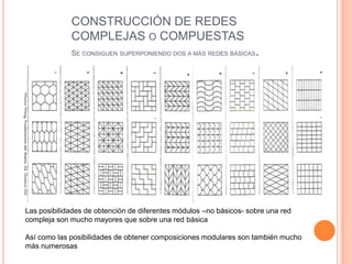 CONSTRUCCIÓN DE REDES
COMPLEJAS O COMPUESTAS
SE CONSIGUEN SUPERPONIENDO DOS A MÁS REDES BÁSICAS.
Las posibilidades de obtención de diferentes módulos –no básicos- sobre una red
compleja son mucho mayores que sobre una red básica
Así como las posibilidades de obtener composiciones modulares son también mucho
más numerosas
 