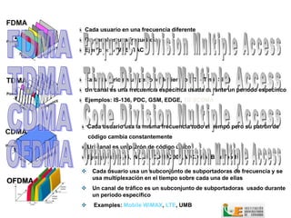  Cada usuario en una frecuencia diferente
         Un canal es una frecuencia
         Ejemplos: AMPS, TACS, TD-SCDMA




         Cada usuario en un periodo de tiempo (TS - Time Slot)
         Un canal es una frecuencia específica usada durante un periodo específico
         Ejemplos: IS-136, PDC, GSM, EDGE, TD-SCDMA



         Cada usuario usa la misma frecuencia todo el tiempo pero su patrón de
             código cambia constantemente
         Un canal es un patrón de código único
         Ejemplos: IS-95, WLAN, CDMA2000, WCDMA, BlueTooth, TD-SCDMA

             Cada usuario usa un subconjunto de subportadoras de frecuencia y se
              usa multiplexación en el tiempo sobre cada una de ellas
OFDMA
             Un canal de tráfico es un subconjunto de subportadoras usado durante
              un periodo específico
             Examples: Mobile WiMAX, LTE, UMB
 