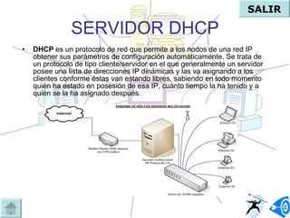 SERVIDOR DHCP DHCP  es un protocolo de red que permite a los nodos de una red IP obtener sus parámetros de configuración automáticamente. Se trata de un protocolo de tipo cliente/servidor en el que generalmente un servidor posee una lista de direcciones IP dinámicas y las va asignando a los clientes conforme éstas van estando libres, sabiendo en todo momento quién ha estado en posesión de esa IP, cuánto tiempo la ha tenido y a quién se la ha asignado después. SALIR 