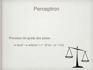 Perceptron
Processo de ajuste dos pesos
w atual = w anterior + n * (dˆ(k) - y) * xˆ(k)
 