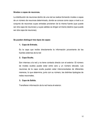 Niveles o capas de neuronas.

La distribución de neuronas dentro de una red se realiza formando niveles o capas
de un número de neuronas determinado, donde se conoce como capa o nivel a un
conjunto de neuronas cuyas entradas provienen de la misma fuente (que puede
ser otra capa de neuronas) y cuyas salidas se dirigen al mismo destino (que puede
ser otra capa de neuronas).




Se pueden distinguir tres tipos de capas:

      1. Capa de Entrada.

      Es la capa que recibe directamente la información proveniente de las
      fuentes externas de la red

      2. Capa Oculta.

      Son internas a la red y no tiene contacto directo con el exterior. El número
      de niveles ocultos puede estar entre cero y un número elevado. Las
      neuronas de la capa oculta pueden estar interconectadas de diferentes
      maneras, lo que determina, junto con su número, las distintas tipologías de
      redes neuronales.

      3. Capa de Salida.

      Transfieren información de la red hacia el exterior.




                                                                                12
 