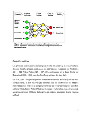 Evolución histórica

Los primeros análisis acerca del comportamiento del cerebro y el pensamiento se
deben a filósofos griegos, destacando las aportaciones realizadas por Aristóteles
(384 – 422 A.C).y Platón (427 – 347 A.C), continuadas en la Edad Media por
Descartes (1596 – 1650) y por los filósofos empiristas del siglo XVII.

En 1936, Alan Turing fue el primero en estudiar el cerebro desde el punto de vista
computacional, si bien los trabajos pioneros para la construcción de modelos
matemáticos que imitasen el comportamiento de las neuronas biológicas se deben
a Warren McCulloch y Walter Pitts (neurofisiólogo y matemático, respectivamente),
que presentaron en 1943 uno de los primeros modelos abstractos de una neurona
artificial.




                                                                                13
 