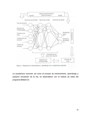 La arquitectura neuronal, así como el proceso de entrenamiento, aprendizaje y
posterior simulación de la red, se desarrollaron con el módulo de redes del
programa Matlab 6.0.




                                                                           29
 