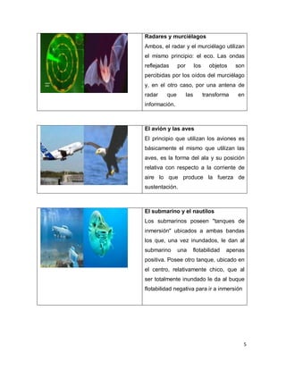 Radares y murciélagos
Ambos, el radar y el murciélago utilizan
el mismo principio: el eco. Las ondas
reflejadas     por         los     objetos    son
percibidas por los oídos del murciélago
y, en el otro caso, por una antena de
radar    que         las         transforma   en
información.



El avión y las aves
El principio que utilizan los aviones es
básicamente el mismo que utilizan las
aves, es la forma del ala y su posición
relativa con respecto a la corriente de
aire lo que produce la fuerza de
sustentación.



El submarino y el nautilos
Los submarinos poseen "tanques de
inmersión" ubicados a ambas bandas
los que, una vez inundados, le dan al
submarino      una         flotabilidad   apenas
positiva. Posee otro tanque, ubicado en
el centro, relativamente chico, que al
ser totalmente inundado le da al buque
flotabilidad negativa para ir a inmersión




                                                5
 