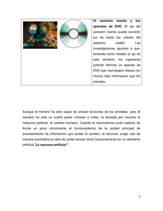 El   camarón   mantis     y   los
                                              aparatos de DVD. El ojo del
                                              camarón mantis puede convertir
                                              luz de todos los colores del
                                              espectro       visible.       Las
                                              investigaciones apuntan a que,
                                              tomando como modelo el ojo de
                                              este camarón, los ingenieros
                                              podrían fabricar un aparato de
                                              DVD que reprodujera discos con
                                              mucha más información que los
                                              actuales.




Aunque el hombre ha sido capaz de emular funciones de los animales, para él
siempre ha sido un sueño poder conocer e imitar, la llamada por muchos la
máquina perfecta: el cerebro humano. Cuando la neurociencia pudo explicar de
forma un poco convincente el funcionamiento de la unidad principal de
procesamiento de información que posee el cerebro, la neurona, surge casi de
manera automática la idea de poder emular dicho funcionamiento en un elemento
artificial "La neurona artificial."




                                                                              6
 