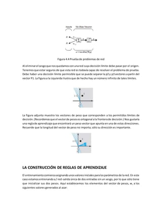 Figura 4.4 Prueba de problemas de red 
Al eliminar el sesgo que nos quedamos con una red cuya decisión límite debe pasar por el origen. 
Tenemos que estar seguros de que esta red es todavía capaz de resolver el problema de prueba. 
Debe haber una decisión límite permisible que se puede separar la p2 y p3 vectores a partir del 
vector P1. La figura a la izquierda ilustra que de hecho hay un número infinito de tales límites. 
La figura adjunta muestra los vectores de peso que corresponden a los permitidos límites de 
decisión. (Recordemos que el vector de pesos es ortogonal a la frontera de decisión.) Nos gustaría 
una regla de aprendizaje que encontrará un peso vector que apunta en una de estas direcciones. 
Recuerde que la longitud del vector de peso no importa; sólo su dirección es importante. 
LA CONSTRUCCIÓN DE REGLAS DE APRENDIZAJE 
El entrenamiento comienza asignando unos valores iniciales para los parámetros de la red. En este 
caso estamos entrenando a / red-salida única de dos entradas sin un sesgo, por lo que sólo tiene 
que inicializar sus dos pesos. Aquí establecemos los elementos del vector de pesos, w, a los 
siguientes valores generados al azar: 
 