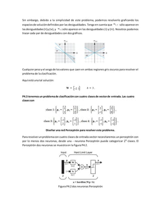 Sin embargo, debido a la simplicidad de este problema, podemos resolverlo graficando los 
espacios de solución definidos por las desigualdades. Tenga en cuenta que sólo aparece en 
las desigualdades (ii) y (iv), y sólo aparece en las desigualdades (i) y (iii). Nosotros podemos 
trazar cada par de desigualdades con dos gráficos. 
Cualquier peso y el sesgo de los valores que caen en ambas regiones gris oscuros para resolver el 
problema de la clasificación. 
Aquí está una tal solución: 
P4.3 tenemos un problema de clasificación con cuatro clases de vector de entrada. Las cuatro 
clases son 
Diseñar una red Perceptrón para resolver este problema. 
Para resolver un problema con cuatro clases de entrada vector necesitaremos un perceptrón con 
por lo menos dos neuronas, desde una - neurona Perceptrón puede categorizar 25 clases. El 
Perceptrón dos neuronas se muestra en la figura P4.2. 
Figura P4.2 dos neuronas Perceptrón 
 