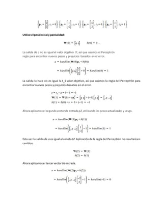 Utilice el peso inicial y parcialidad: 
La salida de a no es igual el valor objetivo t1, así que usamos el Perceptrón 
regla para encontrar nuevos pesos y prejuicios basados en el error. 
La salida la hace no es igual la t_1 valor objetivo, así que usamos la regla del Perceptrón para 
encontrar nuevos pesos y prejuicios basados en el error. 
Ahora aplicamos el segundo vector de entrada p2, utilizando los pesos actualizados y sesgo. 
Esta vez la salida de a es igual a la meta t2. Aplicación de la regla del Perceptrón no resultará en 
cambios. 
Ahora aplicamos el tercer vector de entrada. 
 