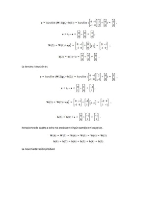 La tercera iteración es 
Iteraciones de cuatro a ocho no producen ningún cambio en los pesos. 
La novena iteración produce 
 