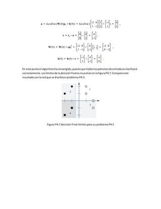 En este punto el algoritmo ha convergido, puesto que todos los patrones de entrada se clasificará 
correctamente. Los límites de la decisión final se muestran en la figura P4.7. Compare este 
resultado con la red que se diseñó en problema P4.3. 
Figura P4.7 decisión Final límites para su problema P4.5 
 