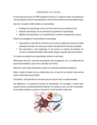APRENDIZAJE DE LAS RNA
Es el proceso por el que una RNA actualiza los pesos (y, en algunos casos, la arquitectura)
con el propósito de que la red pueda llevar a cabo de forma efectiva una tarea determinada.
Hay tres conceptos fundamentales en el aprendizaje:
 Paradigma de aprendizaje: Que es la información de la que dispone la red.
 Regla de aprendizaje: Son los principios que gobiernan el aprendizaje.
 Algoritmo de aprendizaje: Los procedimientos numéricos de ajuste de los pesos.
Existen dos paradigmas fundamentales de aprendizaje:
 Supervisado: la red trata de minimizar un error entre la salida que calcula y la salida
deseada (conocida), de modo que la salida calculada termine siendo la deseada.
 No supervisado o auto organizado: la red conoce un conjunto de patrones sin
conocer la respuesta deseada. Debe extraer rasgos o agrupar patrones similares.
En cuanto a los algoritmos de aprendizaje, tenemos cuatro tipos:
Minimización del error: reducción del gradiente, retro propagación, etc. La modificación de
pesos está orientada a que el error cometido sea mínimo.
Boltzmann: para redes estocásticas, donde se contemplan parámetros aleatorios.
Hebb: cuando el disparo de una célula activa otra, el peso de la conexión entre ambas
tiende a reforzarse (Ley de Hebb).
Competitivo: sólo aprenden las neuronas que se acercan más a la salida deseada.
Los algoritmos, y en general el proceso de aprendizaje, son complejos y suelen llevar
bastante tiempo computacionalmente hablando. Su ventaja es que una vez ha aprendido,
la red puede congelar sus pesos y funcionar en modo recuerdo o ejecución.
 