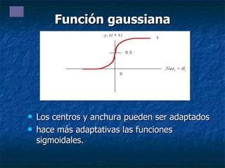 Función gaussiana Los centros y anchura pueden ser adaptados hace más adaptativas las funciones sigmoidales.  