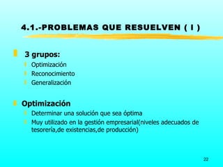 4.1.-PROBLEMAS QUE RESUELVEN ( l )


„   3 grupos:
    ƒ Optimización
    ƒ Reconocimiento
    ƒ Generalización


„ Optimización
    ƒ Determinar una solución que sea óptima
    ƒ Muy utilizado en la gestión empresarial(niveles adecuados de
      tesorería,de existencias,de producción)



                                                                     22
 