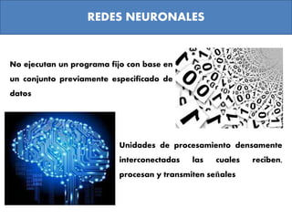 No ejecutan un programa fijo con base en
un conjunto previamente especificado de
datos
REDES NEURONALES
Unidades de procesamiento densamente
interconectadas las cuales reciben,
procesan y transmiten señales
 