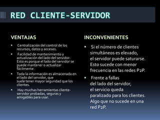  Centralización del control de los
recursos, datos y accesos.
 Facilidad de mantenimiento y
actualización del lado del servidor:
Esto es porque el lado del servidor se
puede mantener o actualizar
fácilmente.
 Toda la información es almacenada en
el lado del servidor, que
suele tener mayor seguridad que los
clientes.
 Hay muchas herramientas cliente-
servidor probadas, seguras y
amigables para usar.
 Si el número de clientes
simultáneos es elevado,
el servidor puede saturarse.
Esto sucede con menor
frecuencia en las redes P2P.
 Frente a fallas
del lado del servidor,
el servicio queda
paralizado para los clientes.
Algo que no sucede en una
red P2P.
 