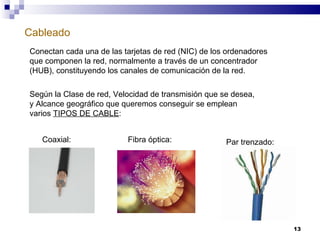 Cableado Conectan cada una de las tarjetas de red (NIC) de los ordenadores que componen la red, normalmente a través de un concentrador (HUB), constituyendo los canales de comunicación de la red. Según la Clase de red, Velocidad de transmisión que se desea, y Alcance geográfico que queremos conseguir se emplean varios  TIPOS DE CABLE : Coaxial: Fibra óptica: Par trenzado: 