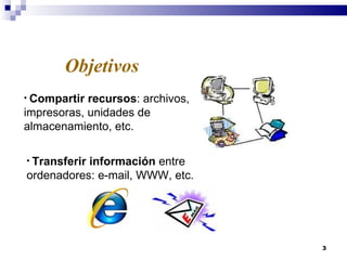 Objetivos Compartir recursos : archivos, impresoras, unidades de almacenamiento, etc. Transferir información  entre ordenadores: e-mail, WWW, etc. 